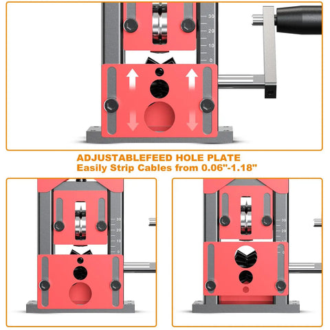 Go-To Manual Wire Stripper Machine For 0.06 To 1.18 Inch Wires, close-up of adjustable feed hole plate with hand crank.