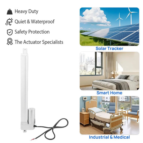Slick 12V Linear Actuator With Integrated Limit Switch, Beast Mode Beefy 1500N for solar trackers and smart home adjustable furniture.