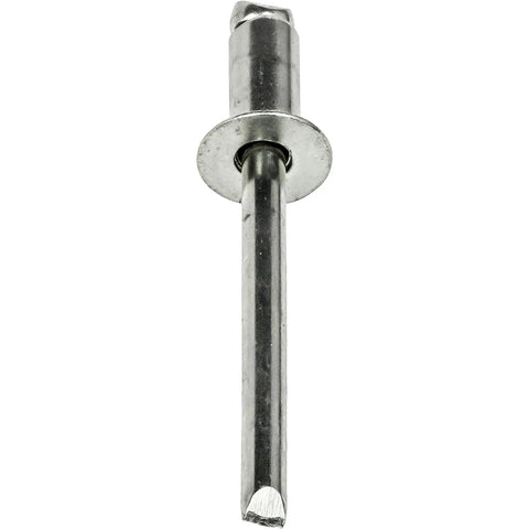 Heavy Duty Aluminum Pop Rivets Featuring Rock Solid Countersunk Heads And Tough Steel Cores For Quick Snug Connections Across Sheet Metal And Wood In a 100 Piece Snag Pack, close-up view of rivet.