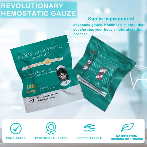 Front view of two teal Kaolin hemostatic gauze bandage packets, 3x12.5 inches, first aid