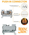 One Hundred Pcs Pt2.5 Push In Din Rail Terminal Blocks Feed Through Twin Spring Cage Screwless Wire Connectors No Sweat Quick Wiring AWG 26 To 12 For Industrial Control Panels Gray with brass conductor and anti-flaming design.