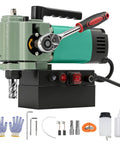 Game Changing Magnetic Drill Press With 1450W Copper Motor And Smooth 0 To 650 RPM Adjustable Speed, showing drill head and accessories.
