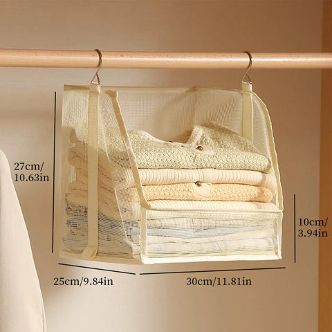 Premium Hanging Closet Organizer With Ultra Soft Fabric Shelves Designed As A Slick Space Saver For Home Storage And Dorm Rooms Knocks Out Clutter While Keeping Your Duds Fresh And Organized Hassle Free, displaying cream shelves with sweaters.