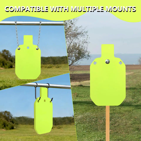 Neon Yellow 12 By 20 Inch Steel Gong Target For Pistol And Rifle Training displayed with multiple mounting options