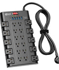 Beefed-Up 28-In-One Power Strip With 22 Outlets And 6 USB Ports, 1875W Surge Protector, black housing, shown with flat plug