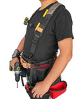 Person wearing Tool Belt Suspenders With Magnetic Wristband For Framer Carpenter Electrician Worksite Ready All Day Comfort 4 Point Support Padded Backing Breathable Straps Adjustable Fit Gray