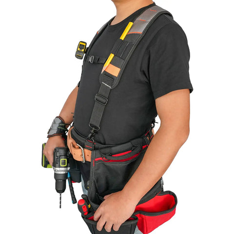 Person wearing Tool Belt Suspenders With Magnetic Wristband For Framer Carpenter Electrician Worksite Ready All Day Comfort 4 Point Support Padded Backing Breathable Straps Adjustable Fit Gray