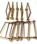 Ten Pack One Quarter Inch Wire Lock Pins For Trailer Couplers And Hitch Pins Heavy Duty Safety Shaft Locking Pins For Farm Trailers Wagons Lawn Garden Square Gold Finish, showing gold square shaft pins on a white background.