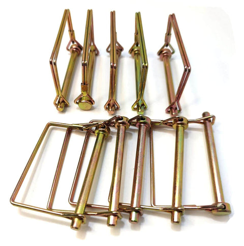 Ten Pack One Quarter Inch Wire Lock Pins For Trailer Couplers And Hitch Pins Heavy Duty Safety Shaft Locking Pins For Farm Trailers Wagons Lawn Garden Square Gold Finish, showing gold square shaft pins on a white background.