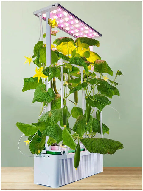 Big Indoor Hydroponic Growing System Kit With Trellis Smart Garden, LED grow light, trellis, plants growing, 7L reservoir visible