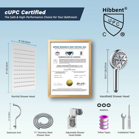 All Metal CUPC Certified 8 Inch Rainfall Shower Head and Handheld Combo With 10 Spray Settings shown with parts and certificate