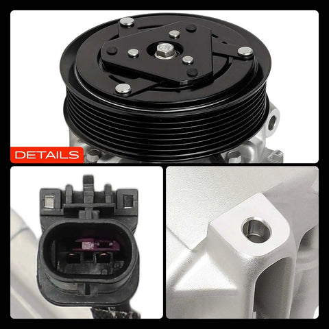 Top Shelf Air Conditioning AC Compressor With Clutch For Buick Lacrosse And Regal Featuring CVC Design PAG46 Fluid and Seven Groove Pulley close-up showing pulley, connector, and housing details.