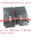Gnarly Rc Connector Soldering Jig For Xt90 Xt60 Ec5 T Plug And Silicone Wires Smooth Wire Clamping Station For Lipo Battery Builds And Rc Rig Mods wire clamped for soldering with adjustment markings.
