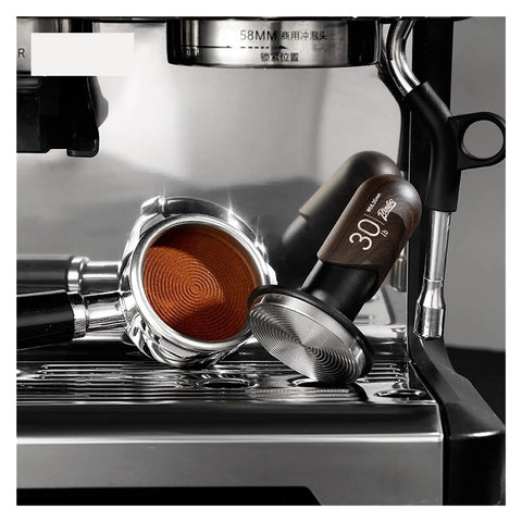 No Drama 2 In 1 Coffee Tamper And Constant Pressure Espresso Distribution Tool With Calibrated Spring For Even Powder Pressing and Flawless Puck Prep In 58mm Silver on espresso machine with portafilter.