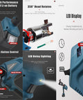 Heavy Duty Rechargeable Hydraulic Plier With 2x4.0Ah Batteries For Electricians 360 Degree Crimping Tool showing LED display and battery features.