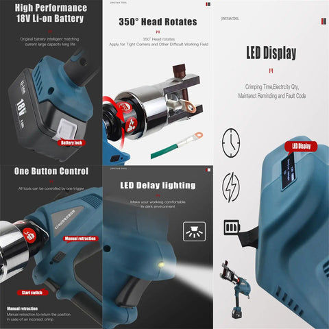 Heavy Duty Battery Powered Hydraulic Crimping Tool With 18V Rechargeable Dual 4Ah Batteries showing LED display and rotating head features.