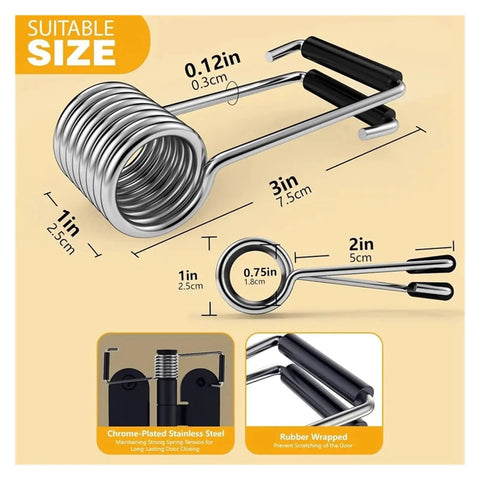 Stainless steel spring from Eight Piece Heavy Duty Spring Door Closer Hinge Set For Most Doors Self Closing Metal Hinge Pin System Quiet Smooth Operation Ideal For Home And Office High Traffic Use Keeps Pets Out, dimensions labeled 1in by 1in by 3in. Chrome-plated with rubber grips for noise reduction.