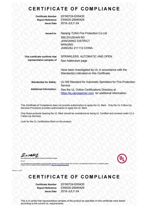 Certificate of compliance for Top Shelf Pendent Fire Sprinkler Heads Pack Of 6 showing UL certification details.