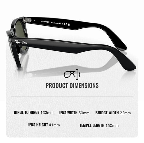 Wayfarer Classic Sunglasses Bundle With Eyewear Kit High Bridge Fit details showing product dimensions and side view.