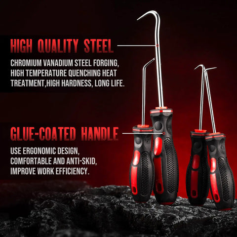 10 Piece Automotive And Electronics Pick And Hook Set with 90 Degree Hooks shown with ergonomic handles on a dark surface