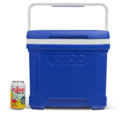 Heavy Duty Hardside Lunch Cooler 12 To 16 Qt Blue Profile With Cool Riser Technology beside a soda can