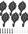 Six Pack Rock Solid Cast Iron Wall Hooks With Rustic Indian Leaf Design Heavy Duty Matte Black Finish arranged with included screws.