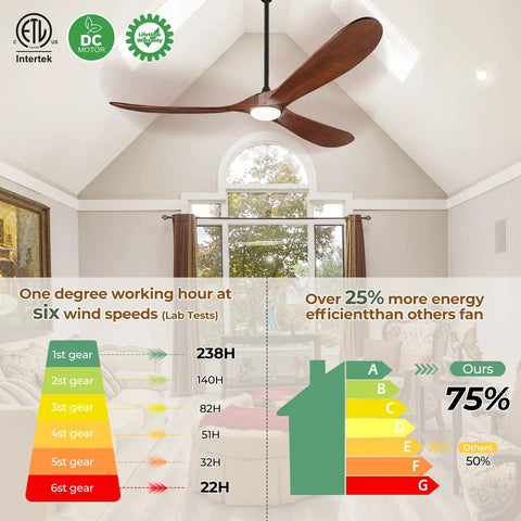 52 Inch Wood Walnut Outdoor Ceiling Fan With Lights And Remote Control in a bright room, energy efficiency chart displayed
