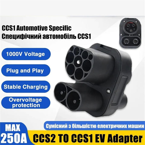 Ccs2 To Ccs1 Dc Ev Adapter 250A Fast Charging Converter 1000V showing dual connectors for seamless charging compatibility.