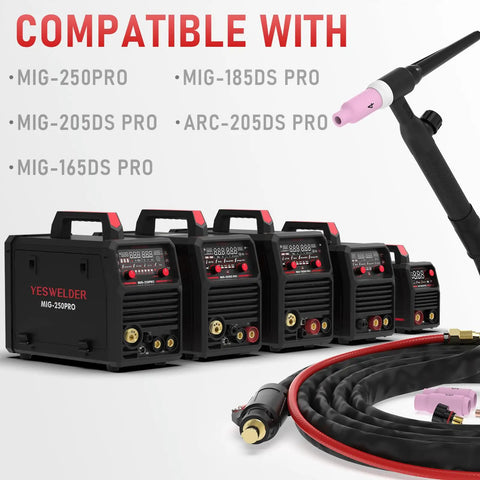 Lift TIG Torch WP-17V 150 Amp 13 Ft Air Cooled TIG Welding Torch shown with compatible YESWELDER MIG machines