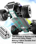 1 18 Scale All Terrain RC Car showcasing 4WD chassis reinforced with aluminum alloy plates, enhancing durability and performance