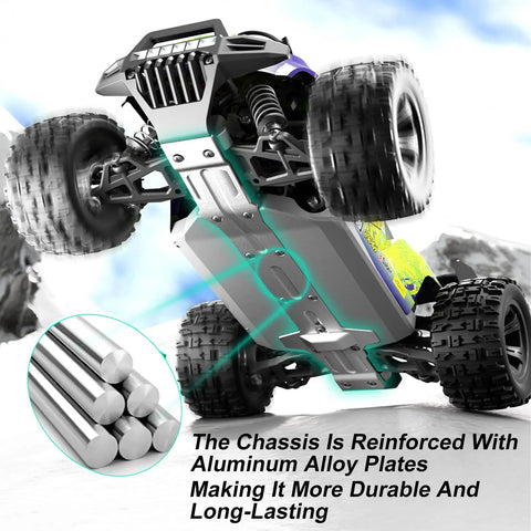 1 18 Scale All Terrain RC Car showcasing 4WD chassis reinforced with aluminum alloy plates, enhancing durability and performance
