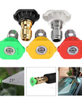 Front view of five-pack pressure washer nozzle tips with 1/4-inch quick-connect; color-coded green, yellow, red; up to 4500 PSI, 2.5 GPM.