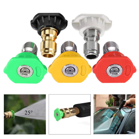 Front view of five-pack pressure washer nozzle tips with 1/4-inch quick-connect; color-coded green, yellow, red; up to 4500 PSI, 2.5 GPM.