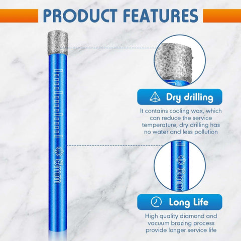 Front view of blue dry diamond drill bit, 6mm, round shank with diamond-coated tip