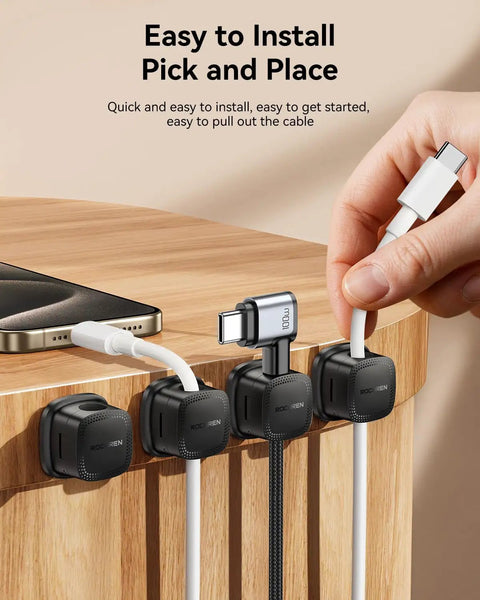 Installed Magnetic Cable Clips Cord Organizer 30 Pack One Hand Snap Quick Release Wire Management on desk edge.