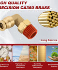 Front view of brass 1/4in push-to-connect 90° elbow fitting with red NPT threaded end, 2 pcs
