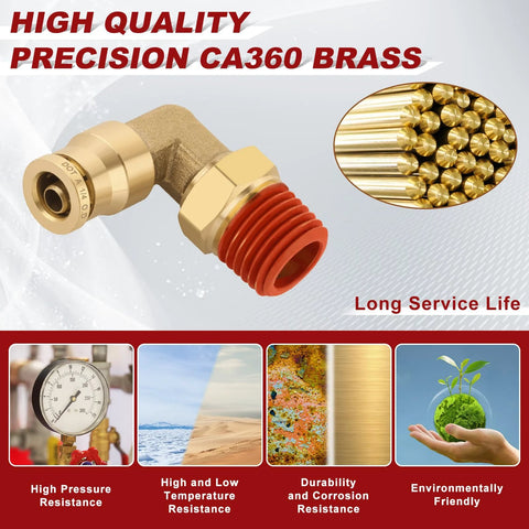 Front view of brass 1/4in push-to-connect 90° elbow fitting with red NPT threaded end, 2 pcs