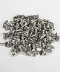 Built Tough Size Six By Three Eighth Inch Flat Head Phillips Wood Screws Premium Rust Proof Stainless Steel 304 For Decking And Carpentry Top Shelf Hardware Assortment Box 100 Count stacked pile of stainless screws
