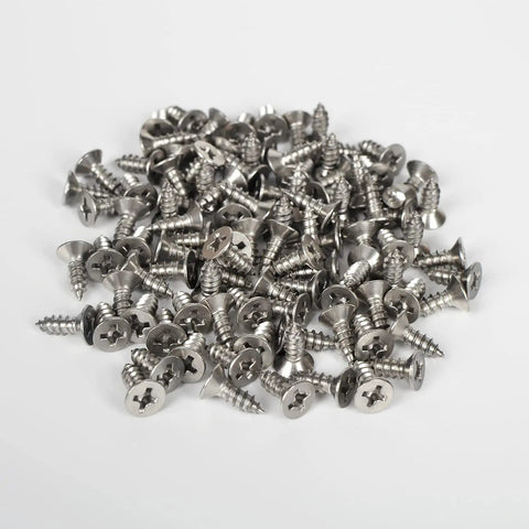 Built Tough Size Six By Three Eighth Inch Flat Head Phillips Wood Screws Premium Rust Proof Stainless Steel 304 For Decking And Carpentry Top Shelf Hardware Assortment Box 100 Count stacked pile of stainless screws