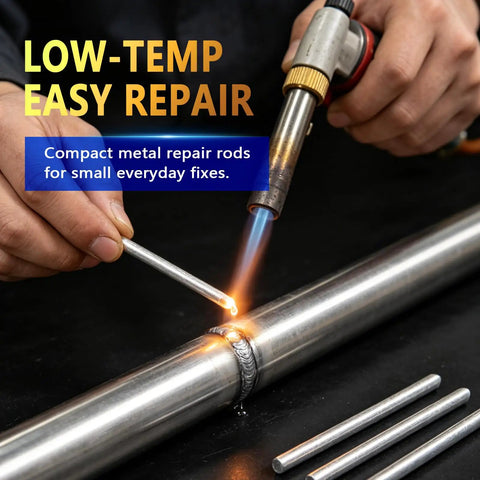 Person using Low Temperature Universal Welding Rod Kit 24 Pcs for DIYers and Pros Stainless Steel Iron Aluminum with Easy Melt Solder Electrodes on metal pipe