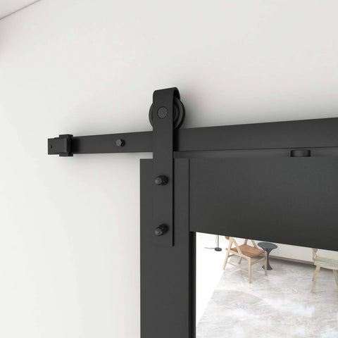 Close-up of hardware on Dope Mirrored Glass Sliding Barn Door In Black MDF With Hardware Kit And Door Handle Ready To Hang Pre Finished