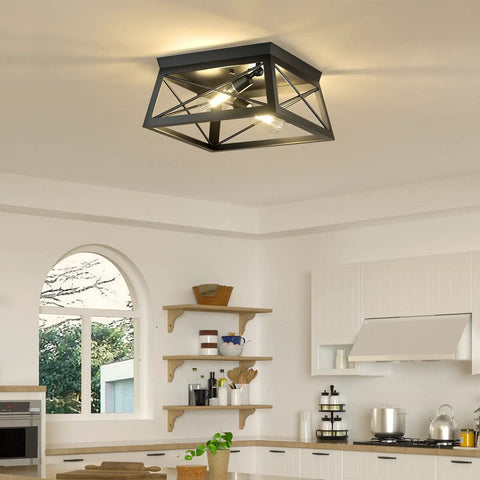 Industrial Ceiling Light Fixture 2 Light Farmhouse Semi Flush Mount Black Metal Cage With Faux Wood Finish in modern kitchen