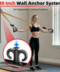 40 Inch Adjustable Resistance Band Wall Anchor featuring 39 locking positions with a woman exercising in a home gym setting.