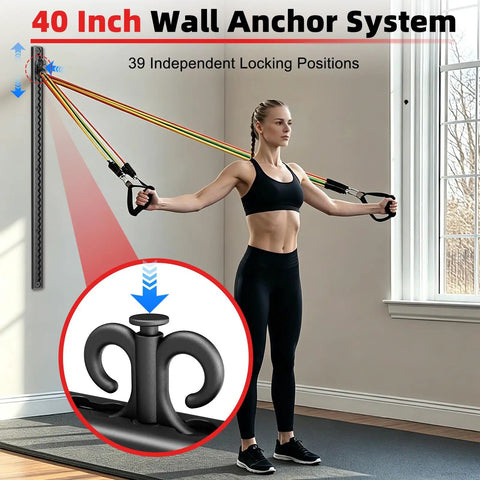 40 Inch Adjustable Resistance Band Wall Anchor featuring 39 locking positions with a woman exercising in a home gym setting.