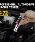 Hand holding the Upgraded 3 To 72 Volt LED Digital Automotive Circuit Tester with DC voltage reading and polarity indicator light.