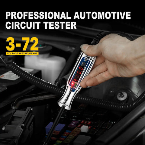 Hand holding the Upgraded 3 To 72 Volt LED Digital Automotive Circuit Tester with DC voltage reading and polarity indicator light.