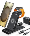 Three In One Wireless Charging Stand For Galaxy Phones Watches And Buds Fast Charge Dock with phone, watch, and buds on stand