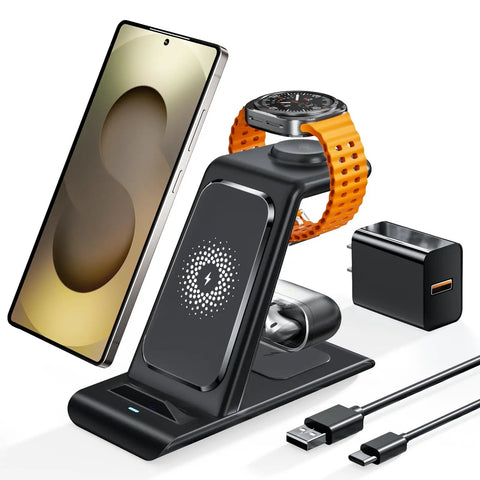 Three In One Wireless Charging Stand For Galaxy Phones Watches And Buds Fast Charge Dock with phone, watch, and buds on stand