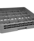 Built Tough Commercial Glass Cup Rack With Sixteen Compartments Dishwasher Safe Design Heavy Duty Storage For Busy Restaurants No Sweat Kitchen Organization In Gray, side view showing compartments.