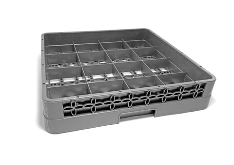 Built Tough Commercial Glass Cup Rack With Sixteen Compartments Dishwasher Safe Design Heavy Duty Storage For Busy Restaurants No Sweat Kitchen Organization In Gray, side view showing compartments.